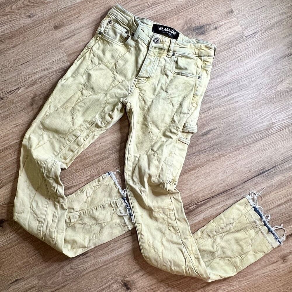 Valabasas V Love Stacked Skinny Distressed Jeans Mens Size 29X35 Raw Hem Olive